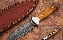 Custom Handmade DAMASCUS KNIFE Olive Wood With Leather Cover