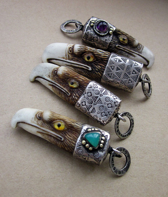 Eagle pendants Horn, nickel silver, brass, amethyst, carneli (3/8)