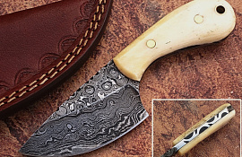 Custom Handmade DAMASCUS KNIFE Bull Bone With Leather Cover