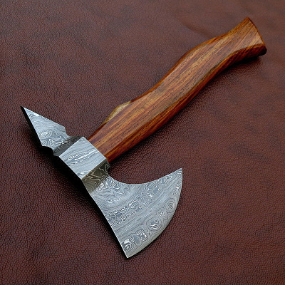 costume hand made Damascus steel AXE WITH leather sheath (3/6)