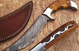 Custom Handmade DAMASCUS KNIFE Rose Wood With Leather Cover