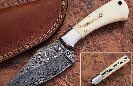 Custom Handmade DAMASCUS KNIFE Bull Bone With Pure Leather C