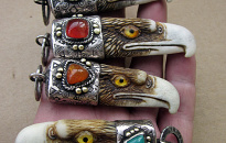 Eagle pendants Horn, nickel silver, brass, amethyst, carneli