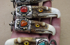 Eagle pendants Horn, nickel silver, brass, amethyst, carneli