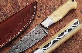 Custom Handmade DAMASCUS KNIFE Bull Bone With Leather Cover