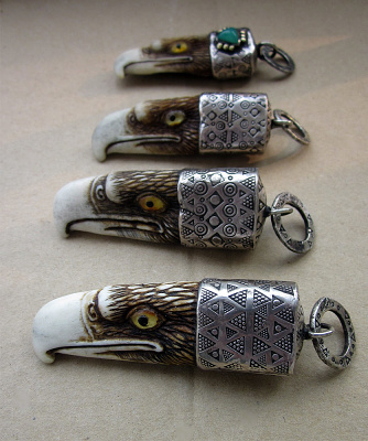 Eagle pendants Horn, nickel silver, brass, amethyst, carneli (5/8)