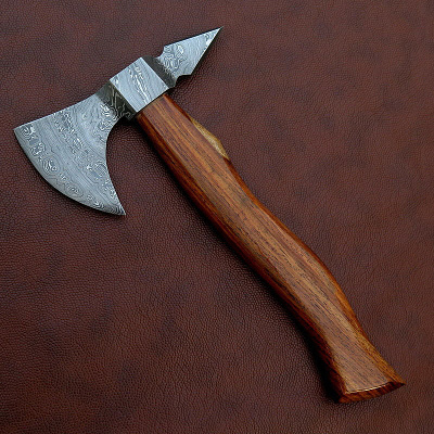 costume hand made Damascus steel AXE WITH leather sheath