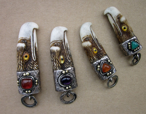 Eagle pendants Horn, nickel silver, brass, amethyst, carneli (4/8)