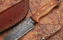 Custom Handmade DAMASCUS KNIFE Olive Wood With Leather Cover