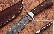 Custom Handmade DAMASCUS KNIFE Rose Wood With Leather Cover